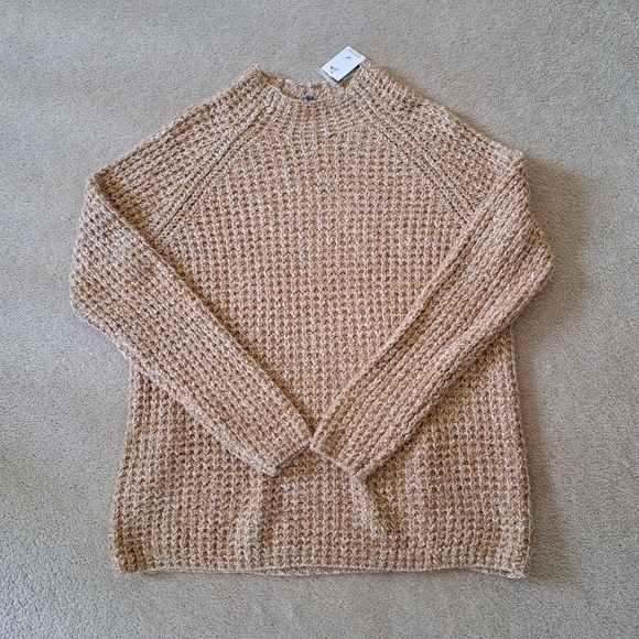 Denver Hayes Sweater Loose Waffke Knit Women's XL Tan Cream Mockneck Top - Picture 9 of 9